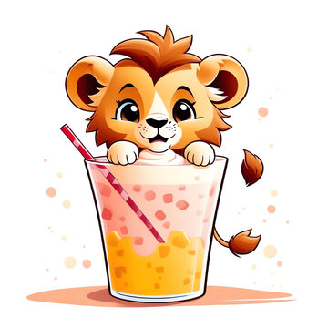 cute lion cub drinking smoothie clip art preview
