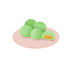 Asian Dish Illustration: Klepon or Rice Flour Based Cake with Shredded Coconut. Sweet Dessert from Indonesia Drawn in Vector Design Style
