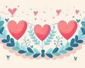 Anniversary banner, heart decorations, flat design illustration