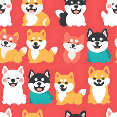 Naklejka premium 柴犬のシームレスタイルのかわいいイラスト背景
