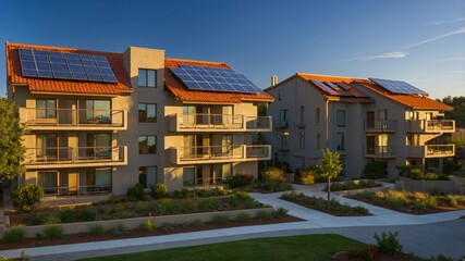 Modern apartment buildings with solar panels on the rooftops, surrounded by landscaped gardens and lit by the setting sun.

