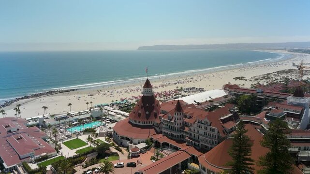 The Iconic California Beach Resort With Hotel del Coronado Across San Diego Bay, California USA. Aerial Shot