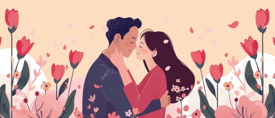 Romantic couple, anniversary backdrop, flat design illustration