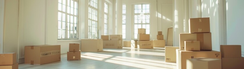 Cardboard Boxes in a Bright and Spacious Room with Large Windows