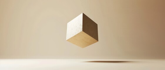 Empty beige background with a floating geometric shape, modern design
