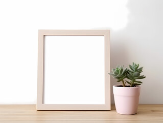 Minimalist frame on wooden table next to a succulent plant in a pink pot, against a white wall.