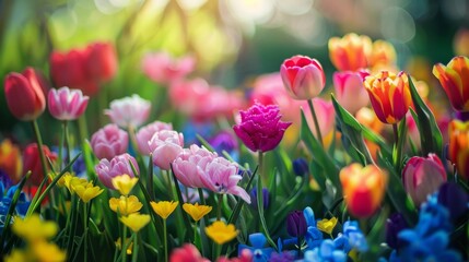 Colorful Spring Tulips Blooming in Sunlight
