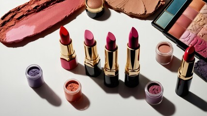 An assortment of colorful lipsticks and makeup products arranged on a white background, featuring eyeshadows, blushes, and palettes.

