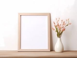 Minimalistic wooden frame beside a vase with delicate pink flowers on a wooden surface.