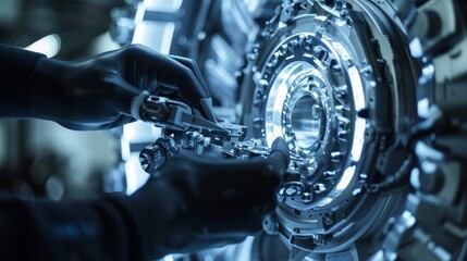 Fototapeta premium Close-up of a Machine Operator Working on Industrial Equipment - A close-up of a gloved hand working on a complex industrial machine. The machine is surrounded by metal parts and gears. The image evok