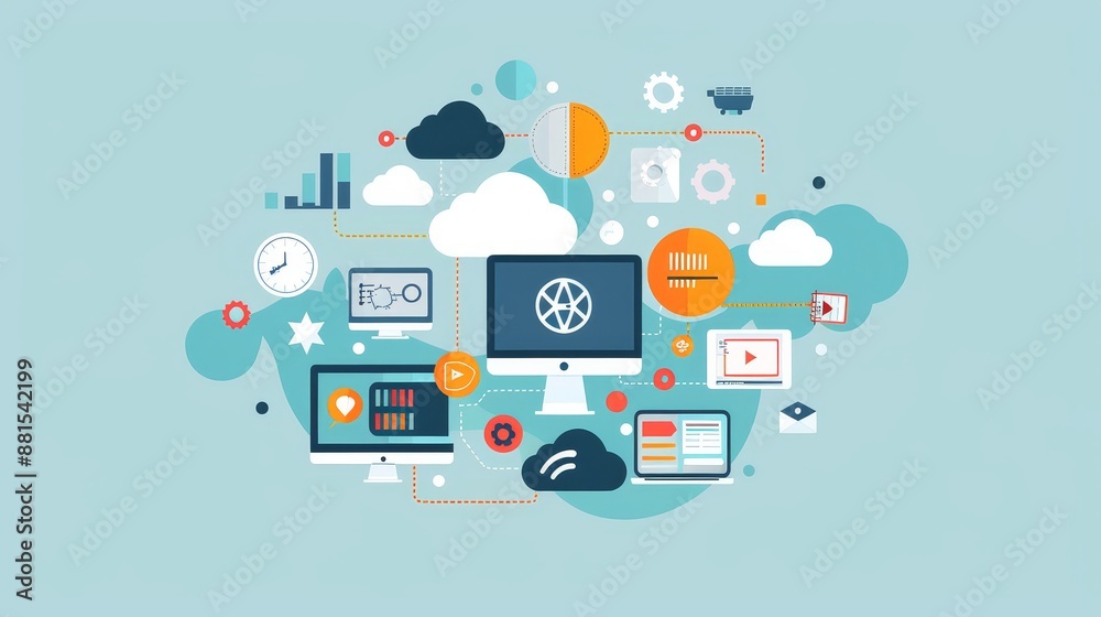 Poster cloud computing technology illustration - a colorful illustration depicting various cloud computing 
