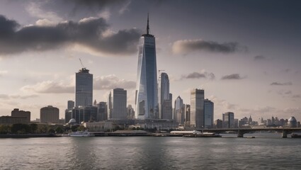 Fototapeta premium Stunning view of the New York City skyline featuring the iconic One World Trade Center, with the Hudson River in the foreground and dramatic clouds above. 
