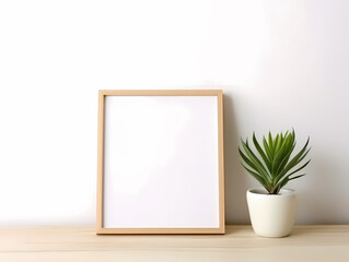 Minimalist wooden frame and potted succulent on wooden table, against a white background.