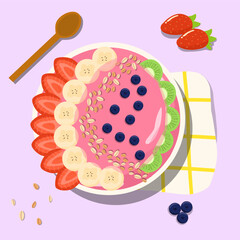 illustration of a acai pinky Healthy breakfast Smoothie bowls with fruit toppings vector menu design 