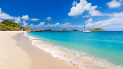 Fototapeta premium A Picturesque Day at a Serene British Virgin Islands Beach with Azure Sky, Crystalline Ocean, and Lush Vegetation