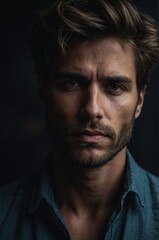 Fototapeta premium Brooding close-up portrait of a man with a serious expression, wearing a denim shirt, set against a dark background. 