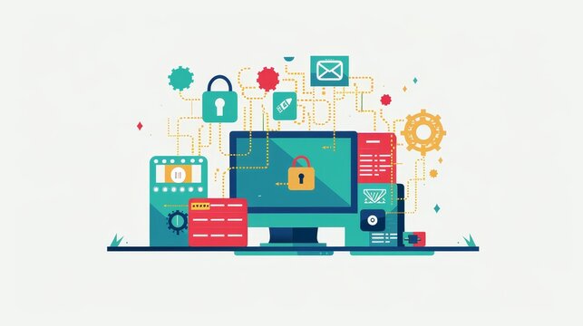 Cyber Security Illustration - Illustration of digital security and data protection with network connections and devices. - Illustration of digital security and data protection with network connections