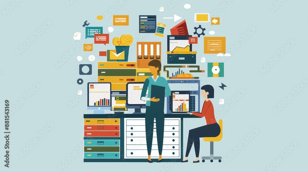 Poster data analysis and information technology - two people working together on data analysis in an office