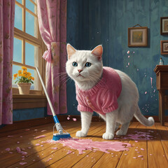 An anthropom orphic cat dressed in a pink sweater ai photo