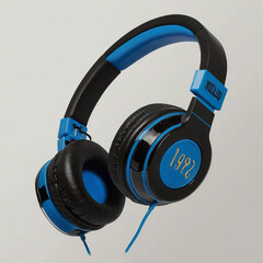 Black and blue headphones with the word on the table ai photo