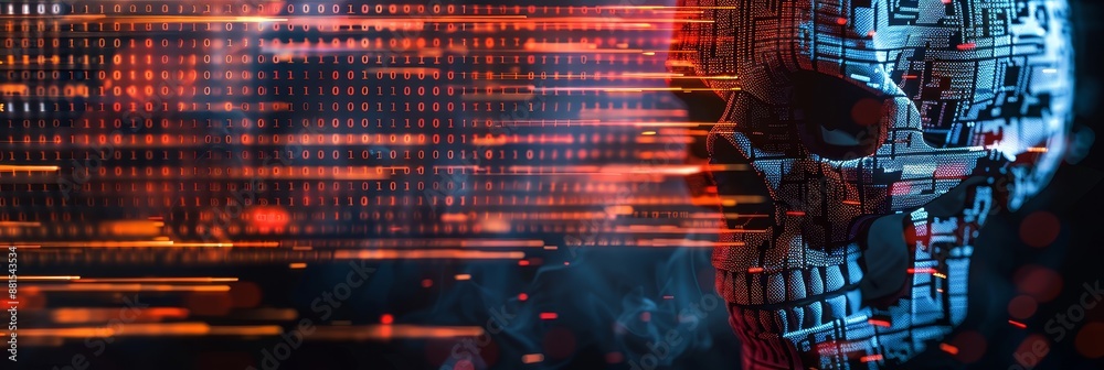 Poster digital skull: the future of technology - a digital skull composed of binary code and circuitry. it 