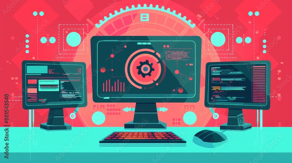 Poster digital world: technology and design - an illustration depicting a computer setup with three monitor