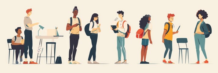 Fototapeta premium Diverse Group of Students Hanging Out at a University or College Campus - An illustration of a group of diverse students hanging out at a university or college campus. They are all smiling and looking