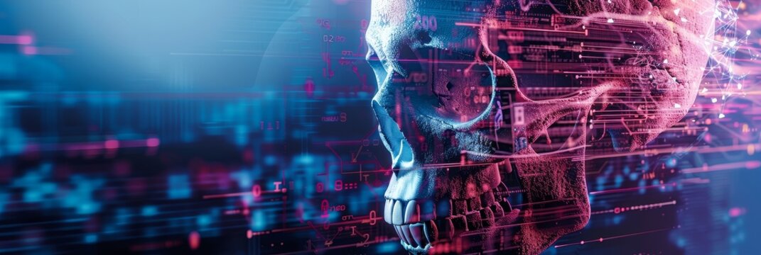 Digital Skull: A Fusion of Technology and Mortality - A digital skull is rendered against a background of glowing data streams. This image represents the fusion of technology and mortality, questionin