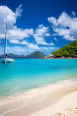 Fototapeta premium A Picturesque Day at a Serene British Virgin Islands Beach with Azure Sky, Crystalline Ocean, and Lush Vegetation