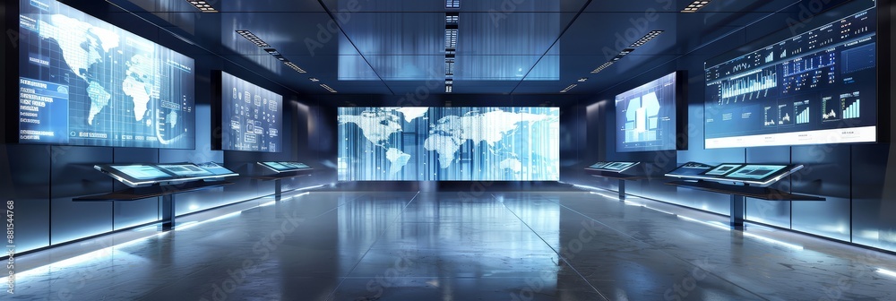 Poster futuristic control room with world map displays - a futuristic control room with several large scree