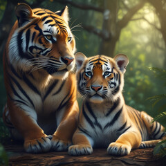 Obraz premium Large Mother tiger staying alert with her young cub beside her in the jungle.