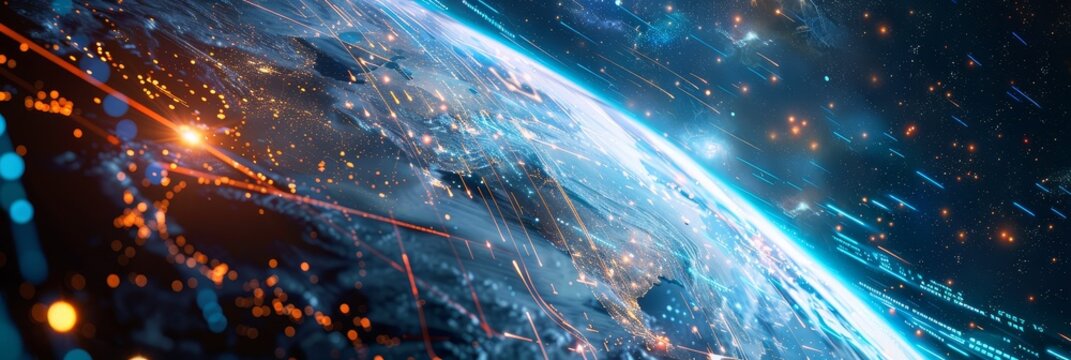 Global Network Connections - A stylized illustration of a blue earth with lines of light representing network connections. The image conveys the concept of a global interconnected world. - A stylized 