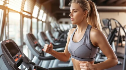 Fototapeta premium Blonde woman running on a treadmill in the gym, Beautiful young woman in a grey sports bra running on a treadmill during her morning workout in a gym