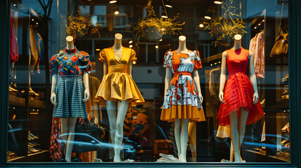 A chic fashion boutique with mannequins dressed in discounted outfits, set against a stylish backdrop 