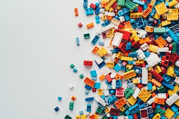 White background, white space in the center of picture. A pile of colorful blocks scattered all over the place. The bricks of different shapes and sizes to show