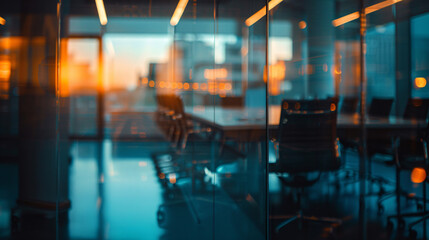 Defocused Modern office board room, empty chairs, with blurred bokeh background. dehaze office meeting room.