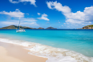 Obraz premium A Picturesque Day at a Serene British Virgin Islands Beach with Azure Sky, Crystalline Ocean, and Lush Vegetation