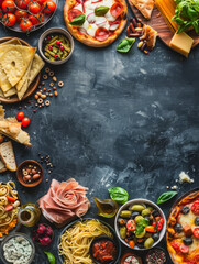 Italian Food Feast - An array of Italian food ingredients, such as pizza, pasta, tomatoes, cheese, and olives, set against a dark background. - An array of Italian food ingredients, such as pizza, pas