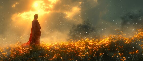 A man in a red cloak standing in a field of yellow flowers.