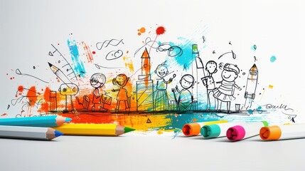 A simple crayon illustration of a joyful scene with children playing among a heap of toys, featuring bright colors and whimsical details, capturing the fun and excitement of a playful day
