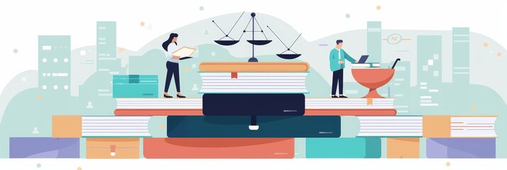 Law, Justice, and Legal System Concept Illustration - Illustration of law, justice, and the legal system, featuring scales of justice, a book, and two people. The image represents the concept of law, 
