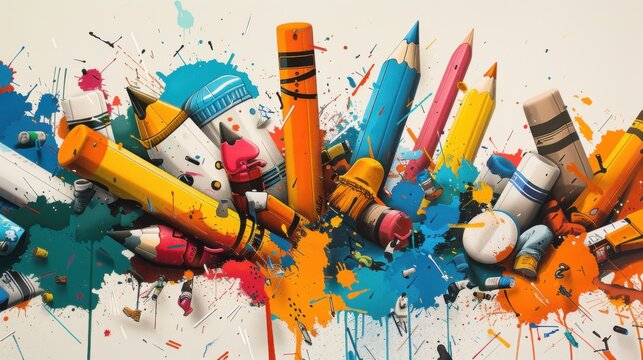 A simple crayon illustration of a joyful scene with children playing among a heap of toys, featuring bright colors and whimsical details, capturing the fun and excitement of a playful day