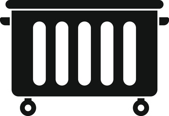 Black silhouette of metal trash container on wheels being used for waste collection, isolated on white background