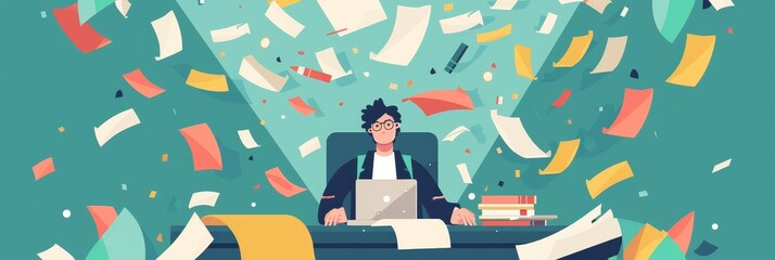 Man Working on Laptop With Paper Flying Around Him - A man is sitting in front of his laptop, while papers fly around him. He looks busy and overwhelmed by the work. - A man is sitting in front of his