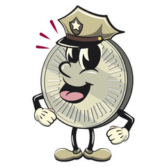 character of a coin money cartoon vector isolated clip art mascot illustration as a policeman, work of hand drawn
