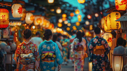 Obon Day Festival in Japan people wearing colorful traditional yukata, paper lanterns hanging along the street, Ai generated Images