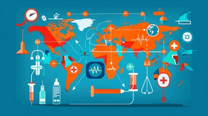 Global health, medical symbols and world map, flat design illustration