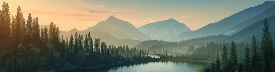Obraz premium Scenic view of a tranquil lake surrounded by lush forests and majestic mountains at sunrise, capturing the beauty of nature.
