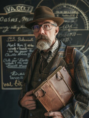 Fototapeta premium Portrait of a Man with a Hat and a Leather-Bound Book - A portrait of an older man with a hat and a leather-bound book. He is standing in front of a chalkboard with a serious expression on his face. 