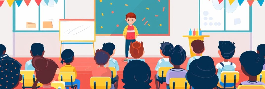 Presentation in the Classroom - A classroom scene with a student giving a presentation to their classmates. The student stands at the front of the room, while the other students sit in rows of chairs.